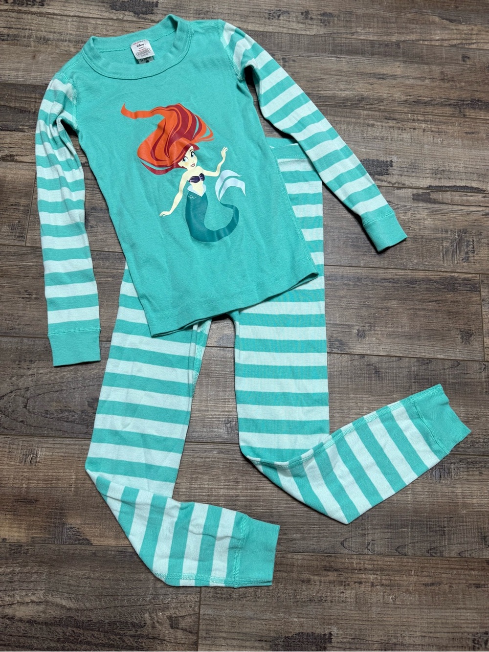 Disney Hanna Andersson Ariel Aqua White Stripe Pajama Sleepwear Top Leggings 6-7